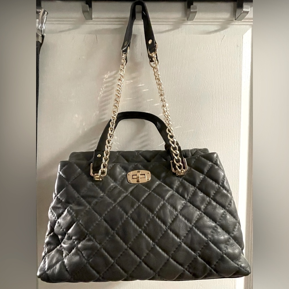 Quilted Black Shoulder Bag with Gold-Tone Chain and Turn-Lock